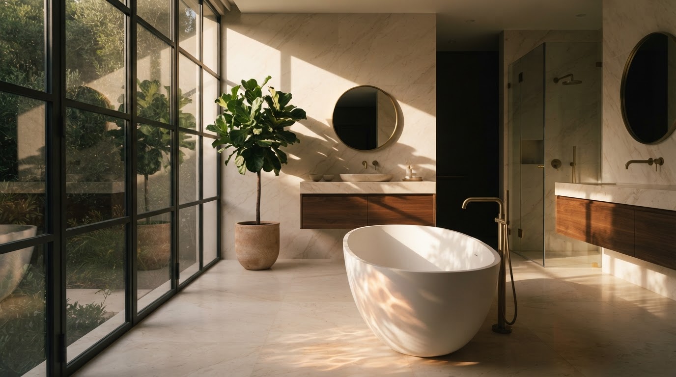 Luxury bathroom with sculptural bathtub bathed in natural light