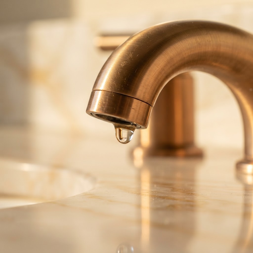 Close-up of luxury brushed brass faucet with water droplet